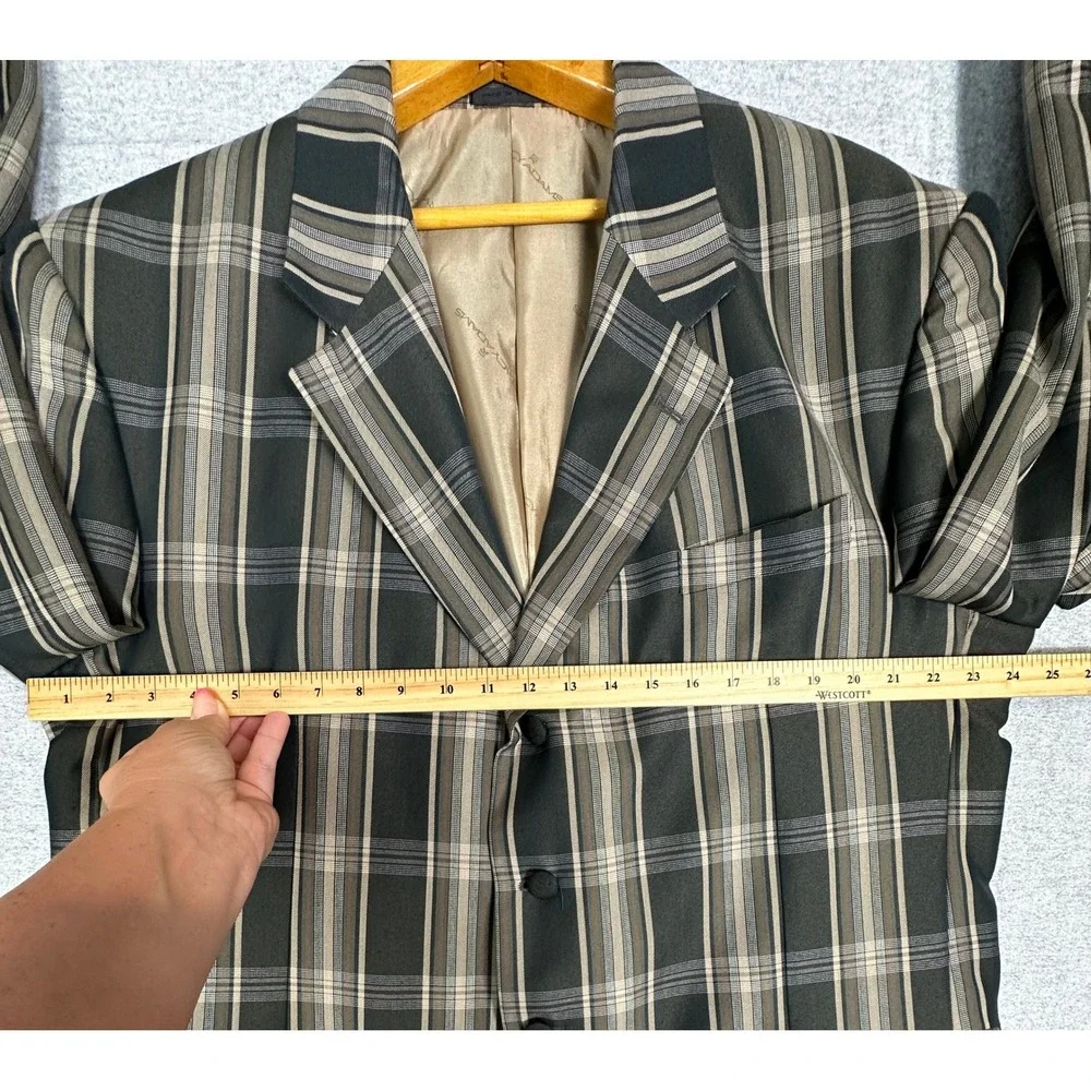 NEW Stacy Adams Blazer Mens 46L Black Tan Plaid Super 100s Long Jacket